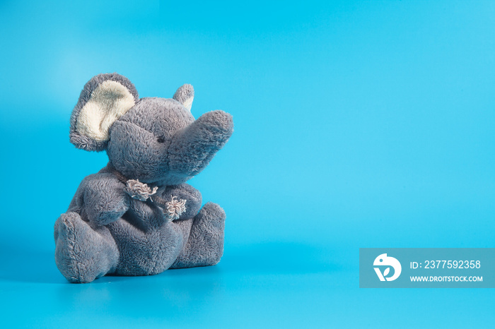 Funny cute grey gray plush elephant toy isolated on col background. Isolated, blue, red, white. Copy