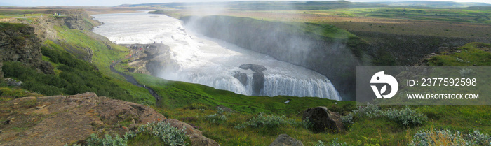 Gullfoss瀑布全景（冰岛）。缝合全景