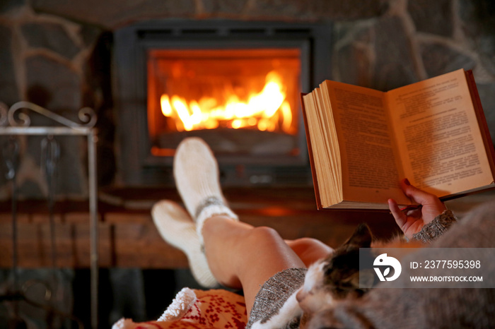 女人拿着书在壁炉旁休息