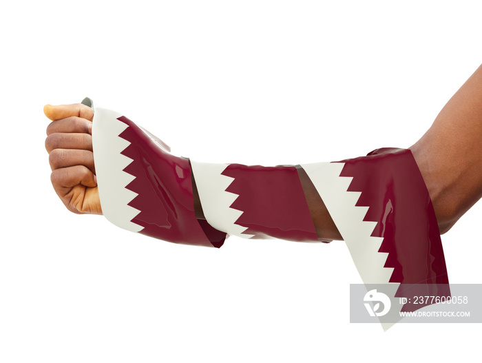 Hand wrapped in Qatari flag. fist with 3d rendered flag isolated on white background