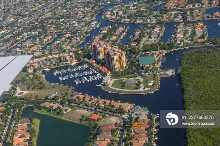 Aerial view of city and gulf Cape Coral, Florida. The Westin Cape Coral Resort at Marina Village