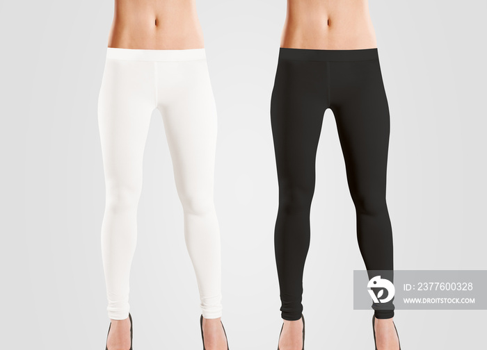 Woman wear blank leggings mockup, black, white, isolated on grey.