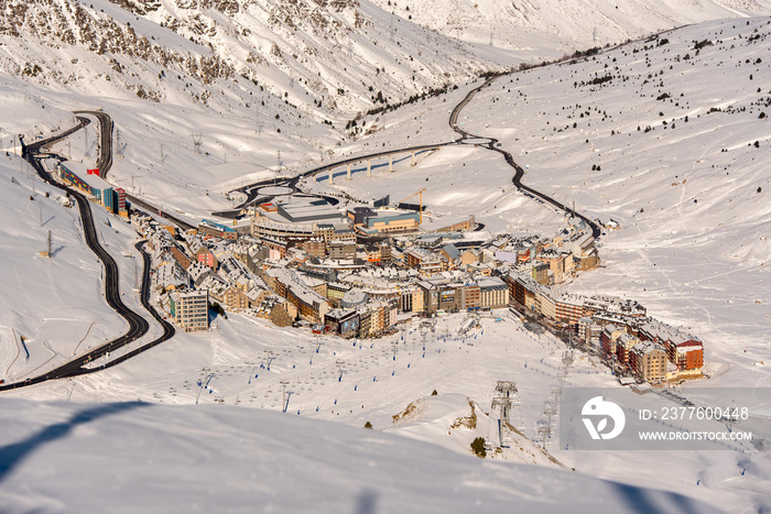 View of the city of Montaña Pas de la Casa in the Pyrenees at the Grandvalira ski resort in Andorra.