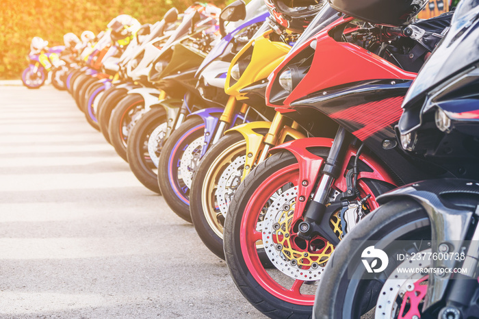 Motorcycles group parking on city street during adventure journey. Motorcyclists community travel concept.