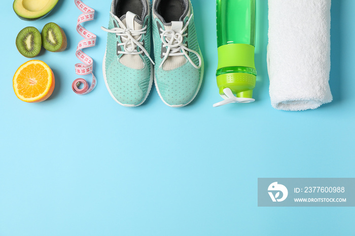 Flat lay composition with loss weigh accessories on color background