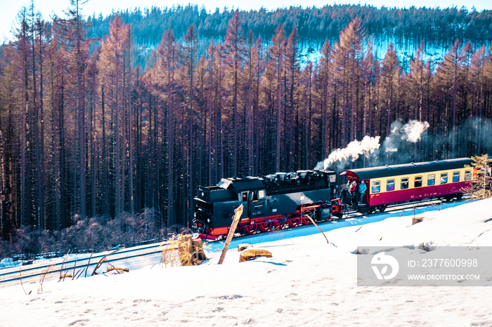 Train in Harz mountains in the snow during winter at Schierke Germany, Steam engined trains in harz national park germany