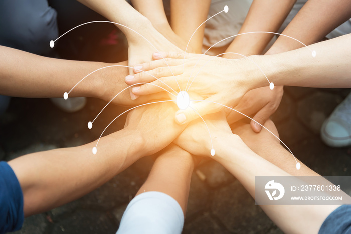 Group of Diverse Hands Together Joining with network Connection background .Teamwork concept..