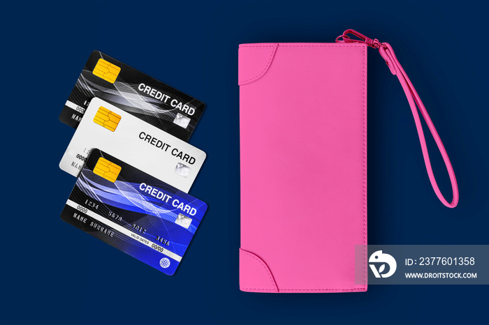 Pink lady wallet and credit cards on a blue background.