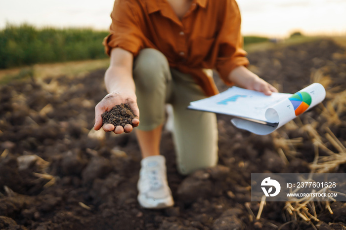 Female Hand of expert farmer collect soil and checking soil health before growth a seed of vegetable or plant seedling. Agriculture, gardening or ecology concept.