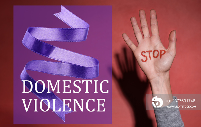 Purple ribbon and female hand with text STOP DOMESTIC VIOLENCE on color background