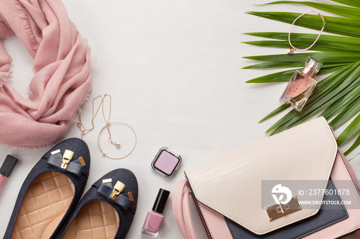 Flat lay with women accessories. Fashion, trends and shopping concept