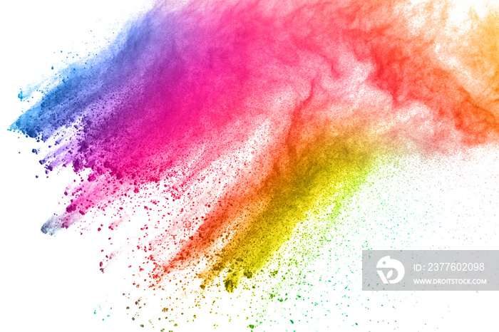 abstract powder splatted background. Colorful powder explosion on white background. Colored cloud. Colorful dust explode. Paint Holi.