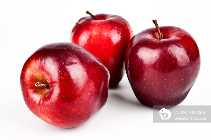 Fresh Red delicious apples with drops of water isolated on white background, Healthy fruit and Diet concept with Copy Space for text