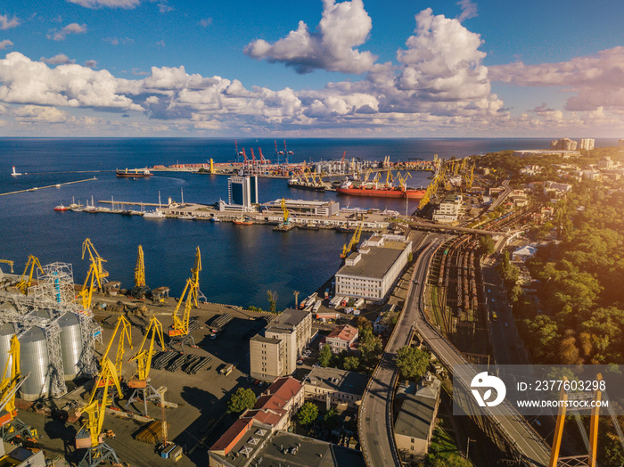 Balck sea port in Odessa Ukraine. Eastern Europe. Aerial drone photo. seaport crane industrial infrastructure. Black sea connection. Top view