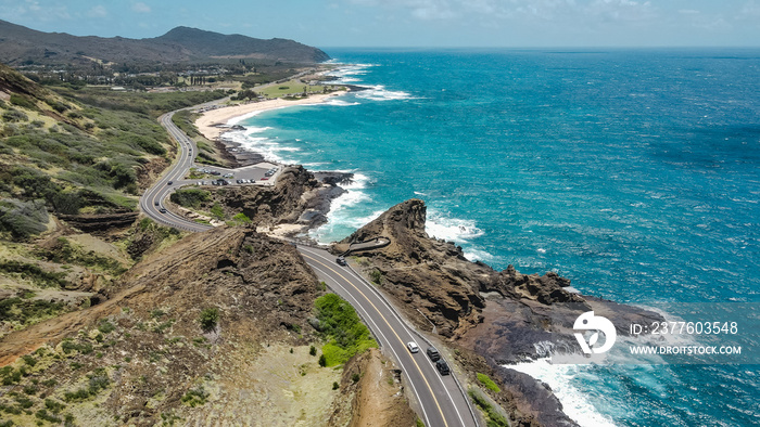 Halona Blowhole Lookout. Lanai Lookout. Aerial photography of coastline. Kalanianaole Hwy, Honolulu, Oahu, Hawaii