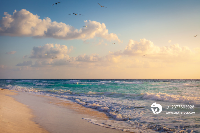 Cancun idyllic caribbean beach at sunset, Riviera Maya, Mexico