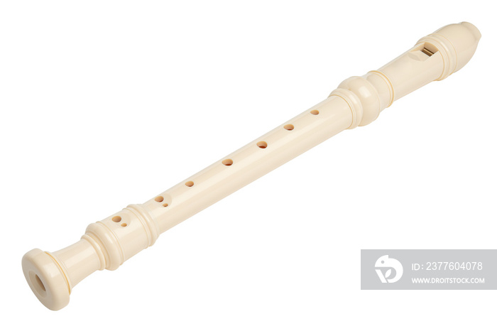 Recorder instrument. Soprano recorder, German fingering. Flute pipe. Classical music instrument for school student education. Learn melody. Flutist concert. High resolution. White Isolated background.