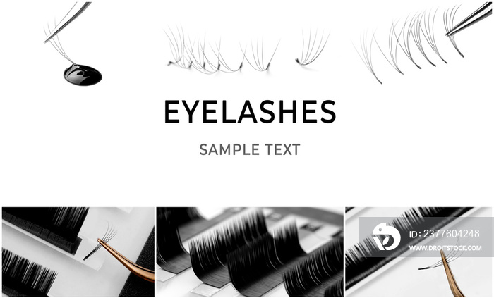 Eyelash extension procedure. Palettes tool lashes, tweezers work with bunch and glue. Copy space business card