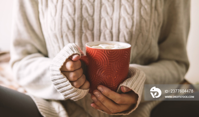 Women’s hands in sweater are holding cup of hot coffee, chocolate or tea. Concept winter comfort, morning drinking, warm in middle of cold.