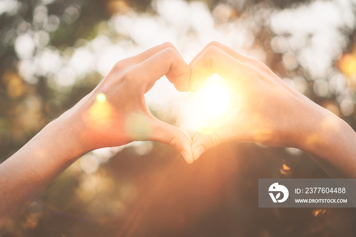 Female hands heart shape on nature bokeh sun light flare and blur leaf abstract background.