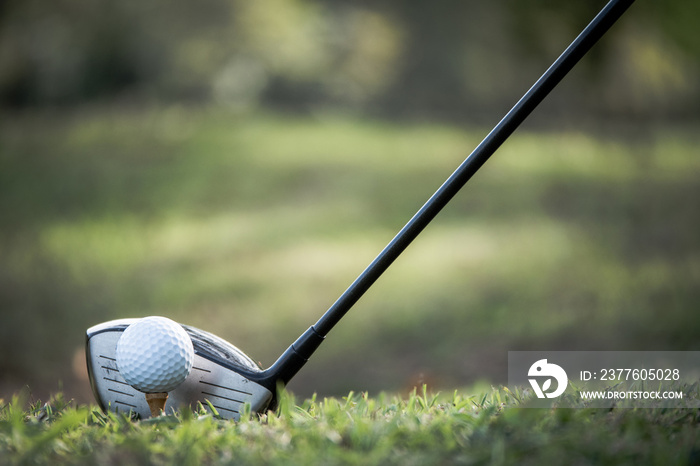 Close up of golf ball on a tee with golf club on the fairway.