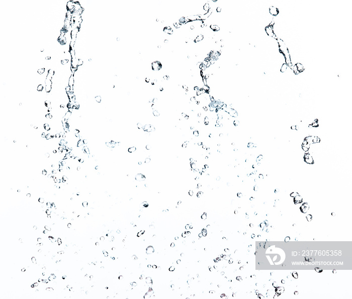 Shape form droplet of Water splashes into drop water line tube attack fluttering in air and stop motion freeze shot. Splash Water for texture graphic resource elements, White background isolated