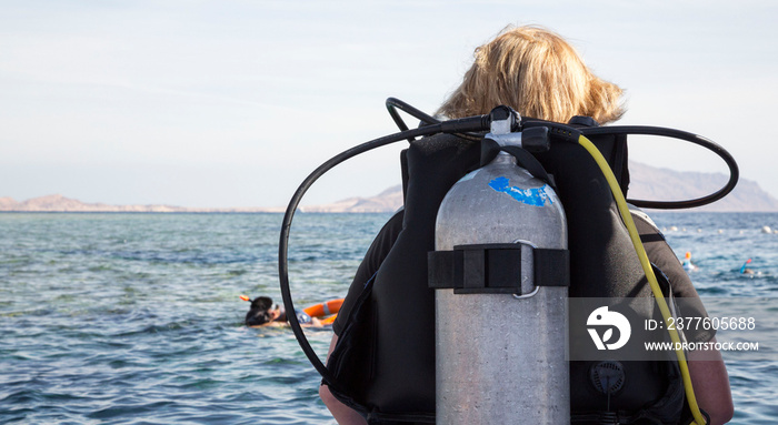 Woman in diving suit with aqualung ready to dive into sea, rear view.