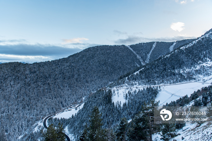 Sunset at the Ski Vallnord Pal - Arinsal resort in winter with snow.