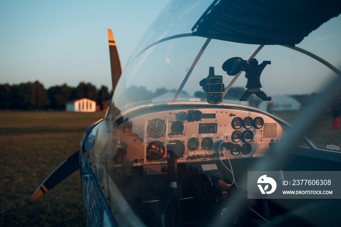 Cockpit view from small private single motor airplane.