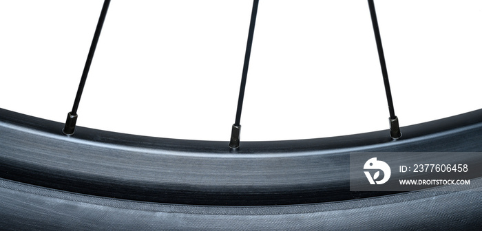 Close up of a new clean bicycle wheel rim and three spokes with a transparent background. Shows a three spokes and a black colored rim with a bright highlight.