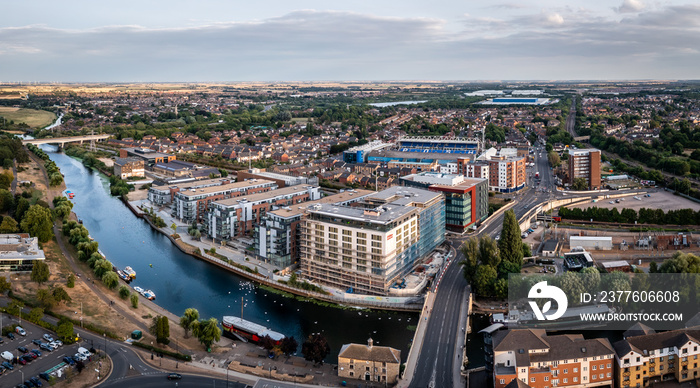 Aerial view of the River Nene and luxury waterfront apartments in Peterborough