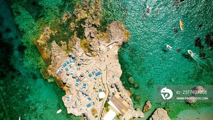 Beautiful coastline in Marina Piccola, Capri. Aerial view from drone.