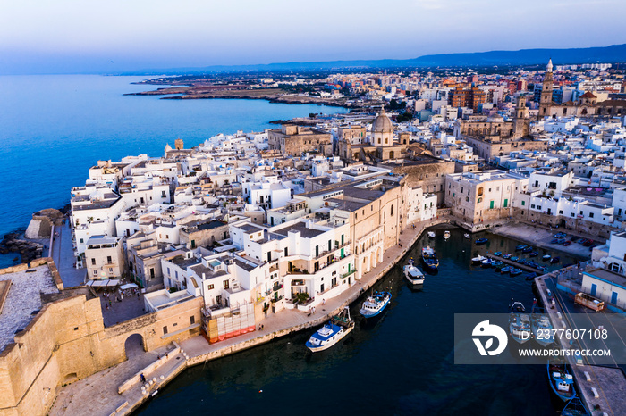 Aerial view, from the old town of Monopoli, at dusk, Puglia, Italy,