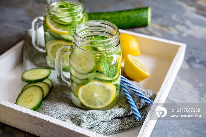 Alkaline water with cucumber, ginger, lemon and mint