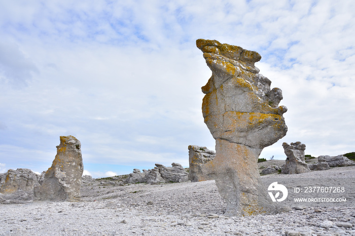 Küste mit Raukensteinen bei Langhammars auf der Insel Farö auf Gotland