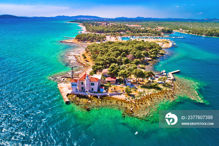 Jadrija lighthouse in Sibenik bay entrance aerial view