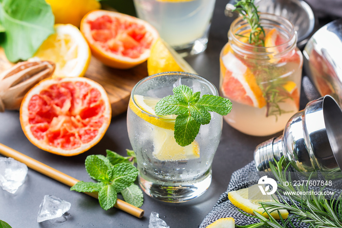 Hard seltzer cocktails with citrus fruits, zero waste bartenders accessories