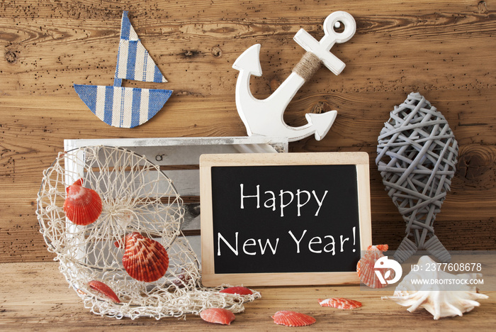 Chalkboard With Summer Decoration, Text Happy New Year