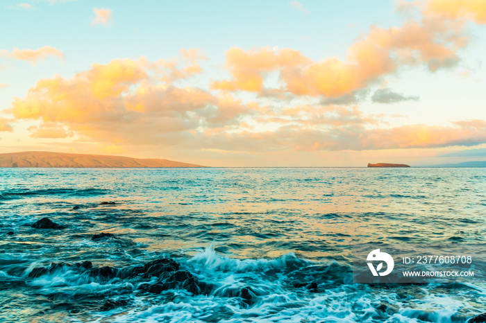 Sunrise Over Kaho’olawe and Molokini Across Ahihi Bay From Makena, Maui, Hawaii, USA