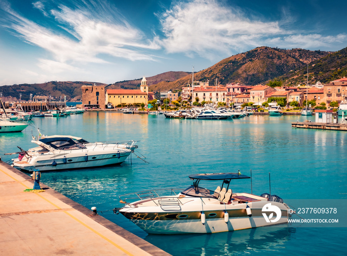 Sunny day on the Mediterraneanm coast of Italy. Captivating summer cityscape of Acciaroli town. Traveling concept background.