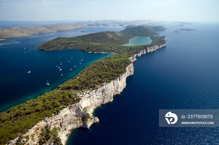 Aerial view of Telascica nature park and Slano lake in Croatia