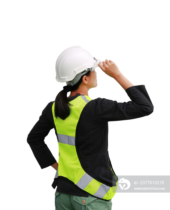 Back view of female construction worker isolated on white background.