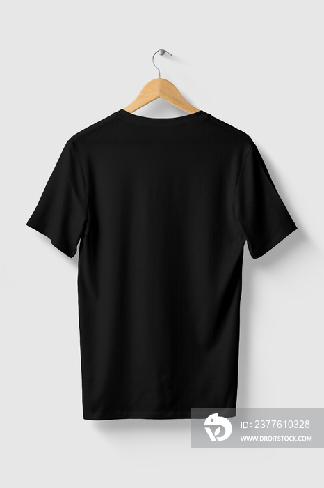 Black V-Neck Shirt Mock-up on wooden hanger, rear side view.  High resolution.