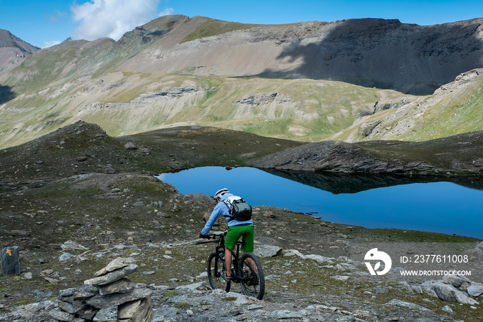 mountainbiker in action in the beautiful aosta valley, Italy, Europe