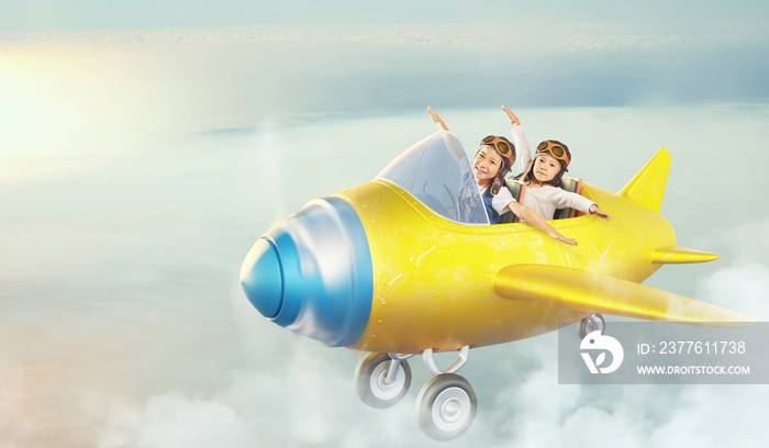 Two sisters fly in sky with retro cute airplane .