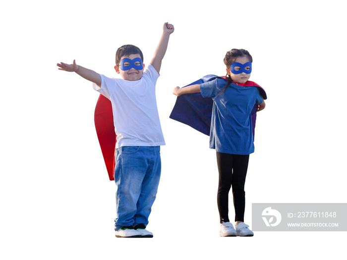 Portrait of adorable kids boy and girl having fun outdoors. Children play superhero