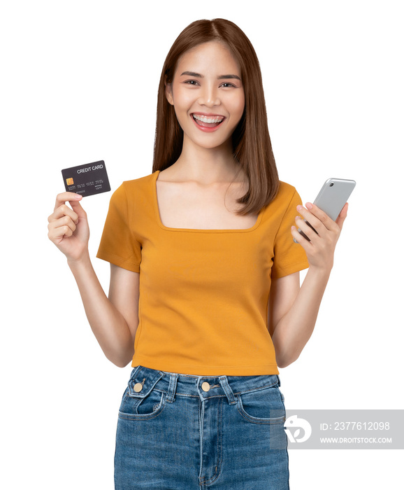 Cheerful young Asian woman holding smartphone with show mockup credit card on screen background, PNG transparent.