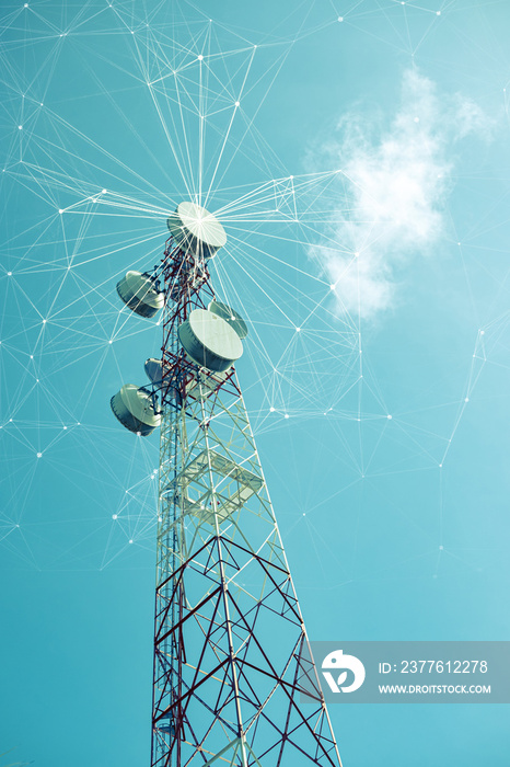 Telecommunication tower with mesh dots, glittering particles for wireless telecommunication technology