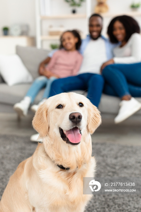 Happy black family sitting in living room with dog