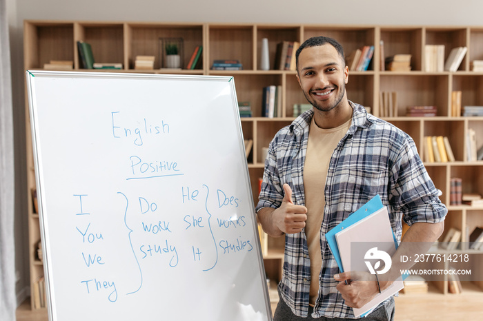 Online language school course. Male arab English teacher giving virtual lesson and showing thumb up, smiling at camera